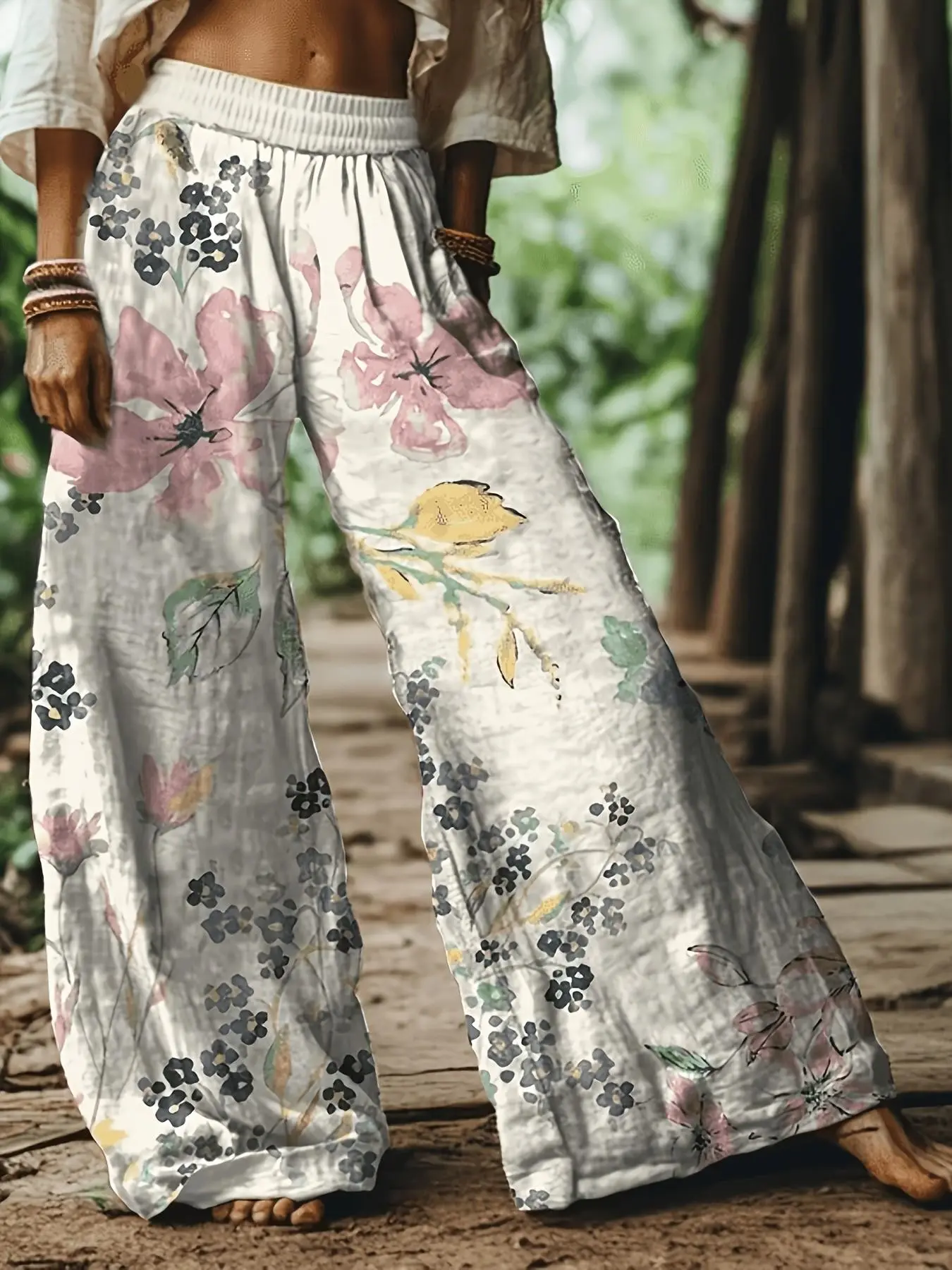 Women's Boho Bohemian Floral Print Casual Baggy Long Elastic Pants, Comfortable Breathable Fabric, Ideal for Vacation, Home, Daily Wear, All Season Trousers