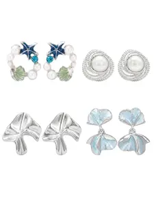 4 Pairs Assorted Silver Ocean Beach Stud Earrings, Starfish Shell Pearl Ginkgo Leaf Enamel Rhinestone Earrings, Chic Vacation Jewelry for Girls & Women