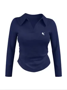 Women's Textured Ribbed Embroidered Polo Collar Long Sleeve T-Shirt, Casual Elegant Commuter Wear, Daily Fashion Top