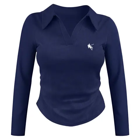 Women's Textured Ribbed Embroidered Polo Collar Long Sleeve T-Shirt Casual Elegant Commuter Wear, Daily Fashion Top, Casual Polo Shirts
