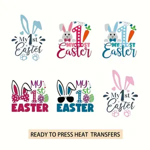 6-Piece Easter Bunny and Carrot DTF Heat Transfer Vinyl Set - Includes Bow, Glasses, and "My First Easter" Designs - Washable and Durable, Perfect for T-Shirts, Bags, Jeans - Spring Festival Decorations.