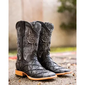 Monarch: Men Print Pirarucu Black Square Toe Western Boots