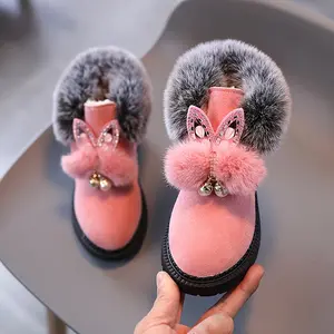 Girls' Winter Snow Boots with Plush Faux Fur Trim & Sparkling Bows Thickened Velvet-Lined First Walker Shoes Round Toe Warm Winter Boots for Toddlers Red Pink Black