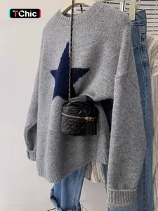 Daily Casual Commute Star Pattern Loose Long Sleeve Elegant Round Neck Lightweight Knit Sweater, Women's Fall & Winter Fashion, Comfortable Daily Wear