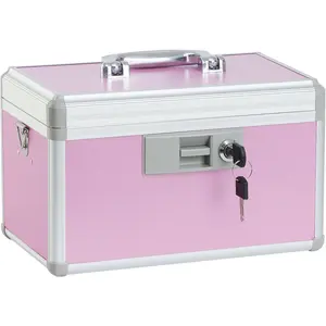 Medicine Lock Box, First Aid Safe Medication Storage Box, Layered Aluminum Daily Medicine Cabinet for Family Use, 12.2" x 7.9" x 7.5", Pink