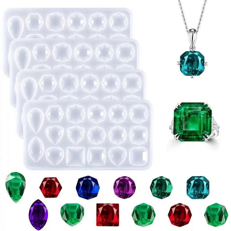 4-Piece Resin Jewelry Mold Set, Transparent Gemstone Silicone Casting Molds, DIY Necklace Earring Craft Supplies, Resin Casting Tools