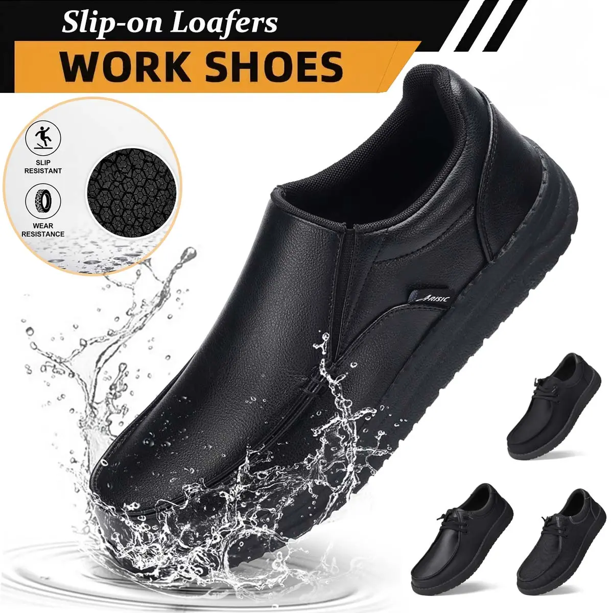 Men's Flat Anti-Slip Work Loafers, Full Black Slip-On Chef Shoes with Water Proof Soft Upper, Shock-Absorbing Rubber Sole for Restaurant Walking, Footwear