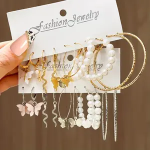 Set of 10 Pairs Hoop Earrings – Snake & Butterfly Designs with Imitation Pearl Accents, Elegant Simple Style for Women, Perfect for Parties and Everyday Wear