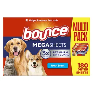 Bounce Pet Hair and Lint Guard Mega Dryer Sheets, Pet Hair Remover, Fresh Scent, 180 Count
