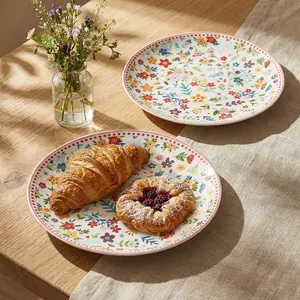 Appetizer Plates Set of 2, Scattered Flowers Design, 7.5-inch Floral Dessert Plate, Ceramic Round Plate, Serving Dish for Cake, Snacks, Bread, Fruit, Side Dishes, Microwave and Dishwasher Safe, Women Gifts for Easter, Mother's Day, Birthday, Christmas
