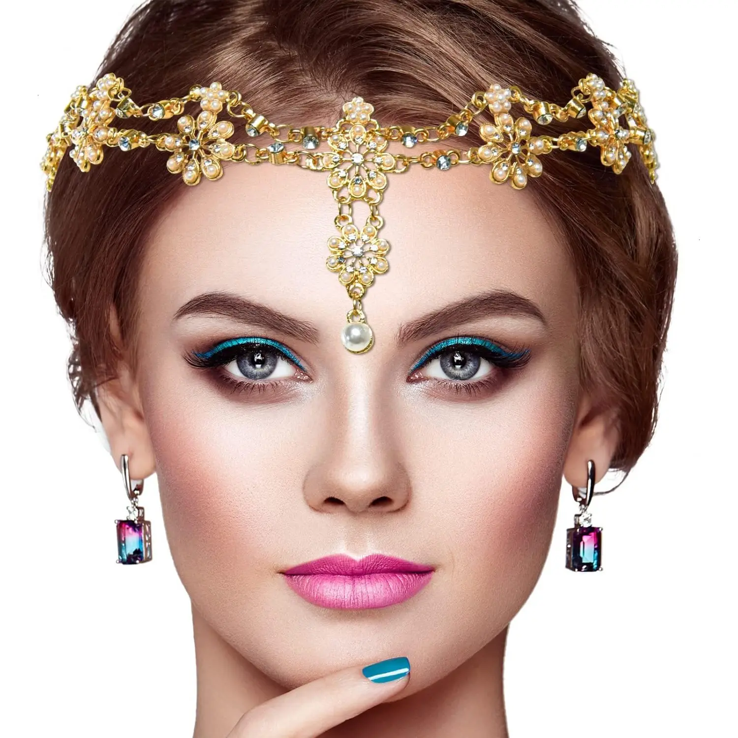 Head Chain Jewelry  Crystal Bohemian Hair Accessories with Peal Women Head Chains Forehead Chain Rhinestone Headpieces with Drop Pendant