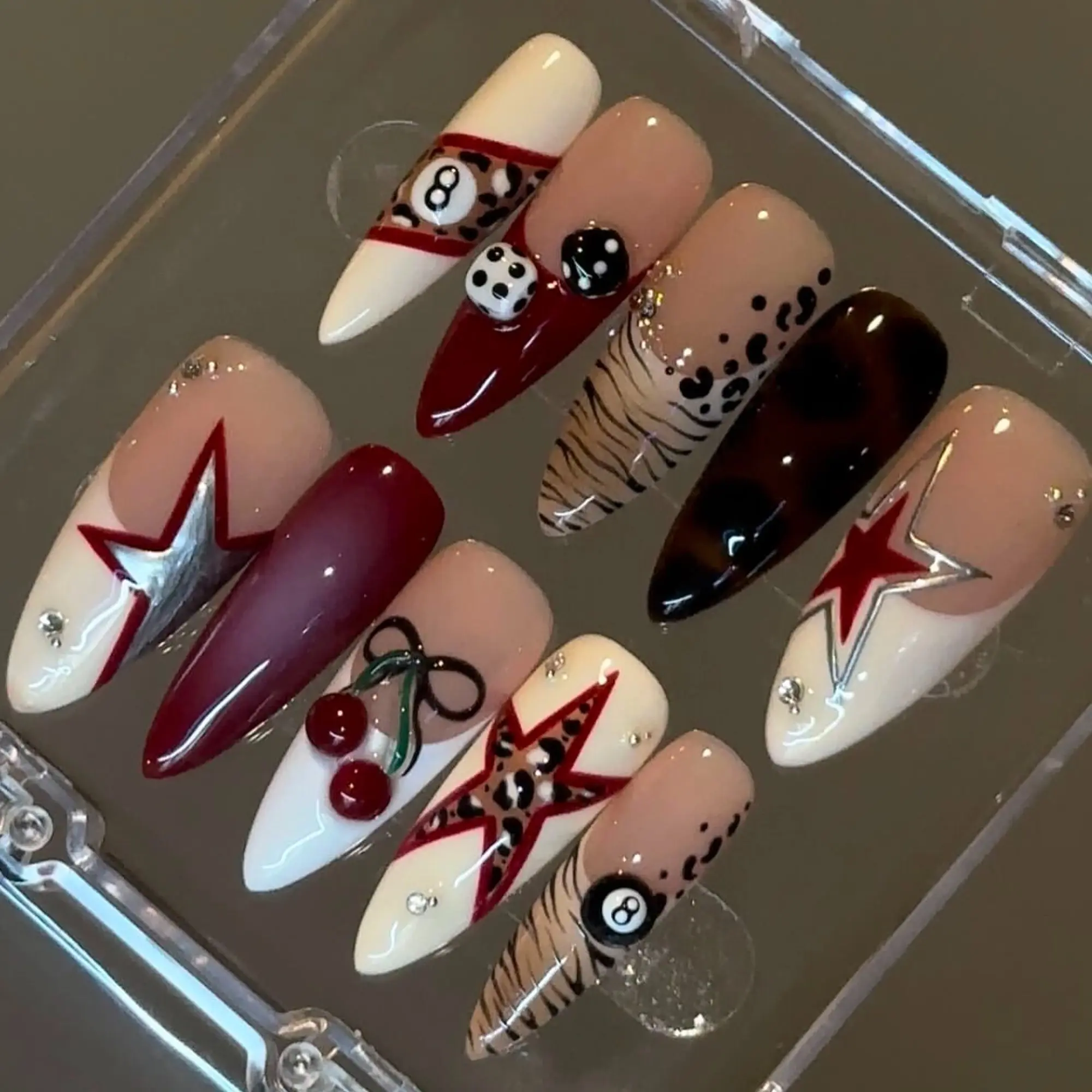 10 Pcs Luxury Leopard High Heel Nail Tips, Star 8 Ball Cherry Die Design with Rhinestones, Rhinestone Nail Charms, Glossy False Nails for All Women, Party & Daily Wear