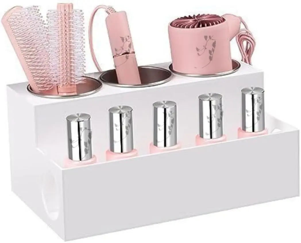 White Hair Dryer Holder, Wooden Countertop Organizer for Bathroom, Blow Dryer & Hair Appliance Storage Stand with Cord Wrap for Makeup & Toiletries Steel Tool