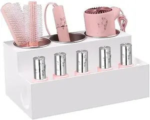 White Hair Dryer Holder, Wooden Countertop Organizer for Bathroom, Blow Dryer & Hair Appliance Storage Stand with Cord Wrap for Makeup & Toiletries Steel Tool