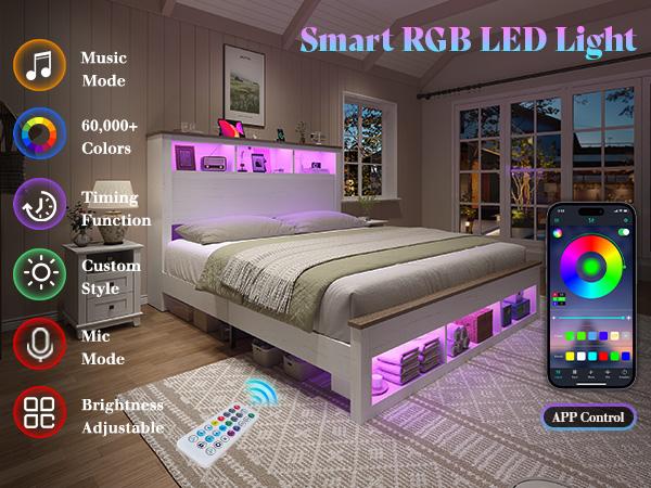 AMERLIFE Bed Frame with Bookcase Storage Headboard and Footboard, LED Platform Bed with Charging Station, No Box Spring Needed, Noise Free/Best Gift Ideas/Christmas Gifts