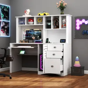 58" Vintage Desk with Hutch, Wood Home Office Executive Desk with Drawer, Printer Stand, Keyboard Tray, File Drawer, Storage Cabinet, Rustic Writing Computer Desk (White)