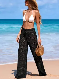 Comfortable Knit Hollow Out Long Pants, Fashion Adjustable Drawstring Beach Pants, Casual Fitted Knitted Style, All Seasons Wear, Women's Clothing