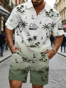 Men's Gradient Sailboat Coconut Tree Polo Set, Vacation Style Short Sleeve Shorts, Casual Beach Two-Piece, Loose-Fitting Blouse