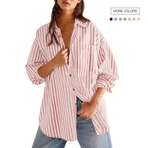 Womens Oversized Striped Button Down Shirts Boyfriend Long Sleeve Collared Work Blouses Top Blue