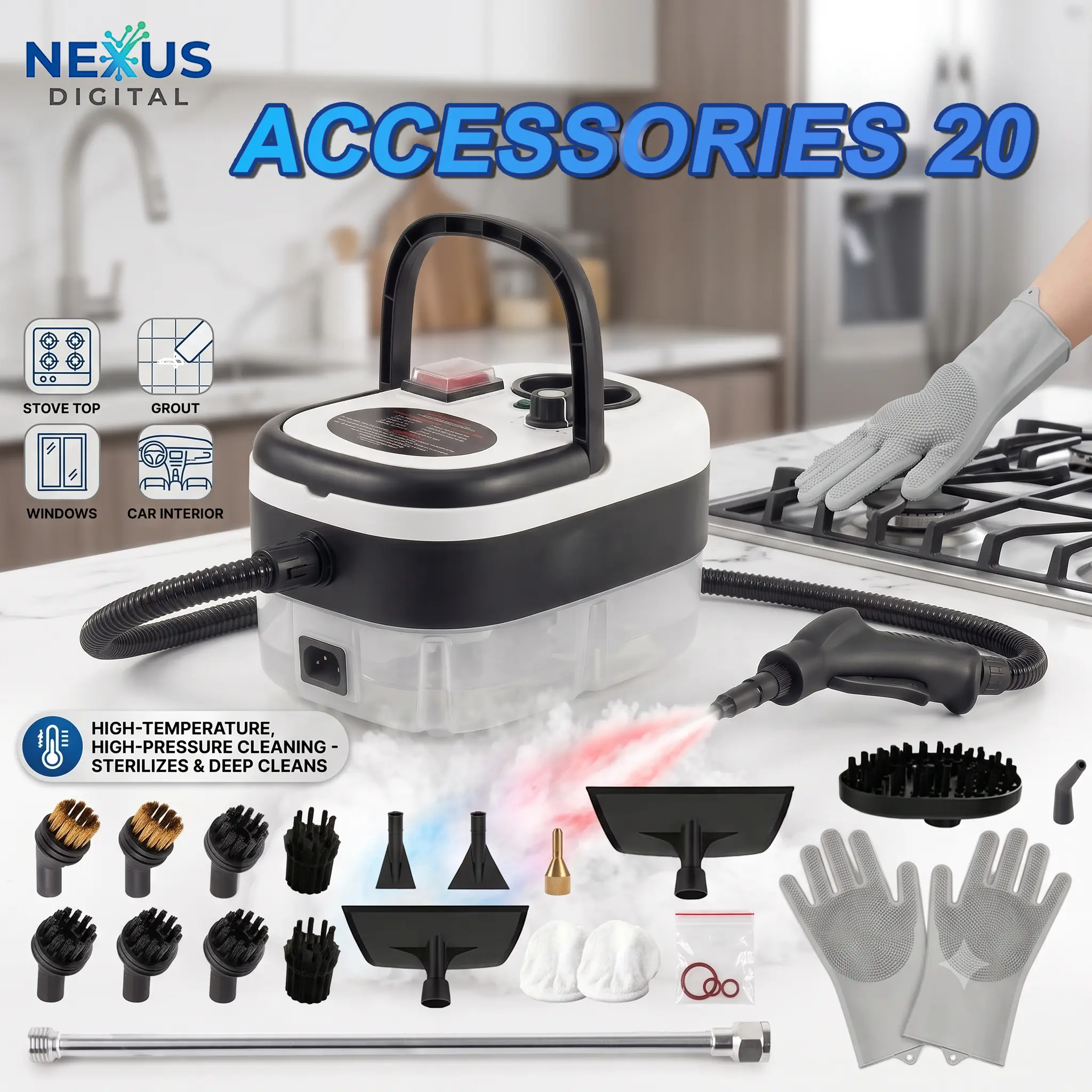 Handheld Steam Cleaner, 2500W High Pressure Steamer for Cleaning, Portable Steam Cleaner with 54.1oz Water Tank, 6 Levels Adjustable Handle, Steam Cleaner for Home, Car, Furniture, Bed Bugs
