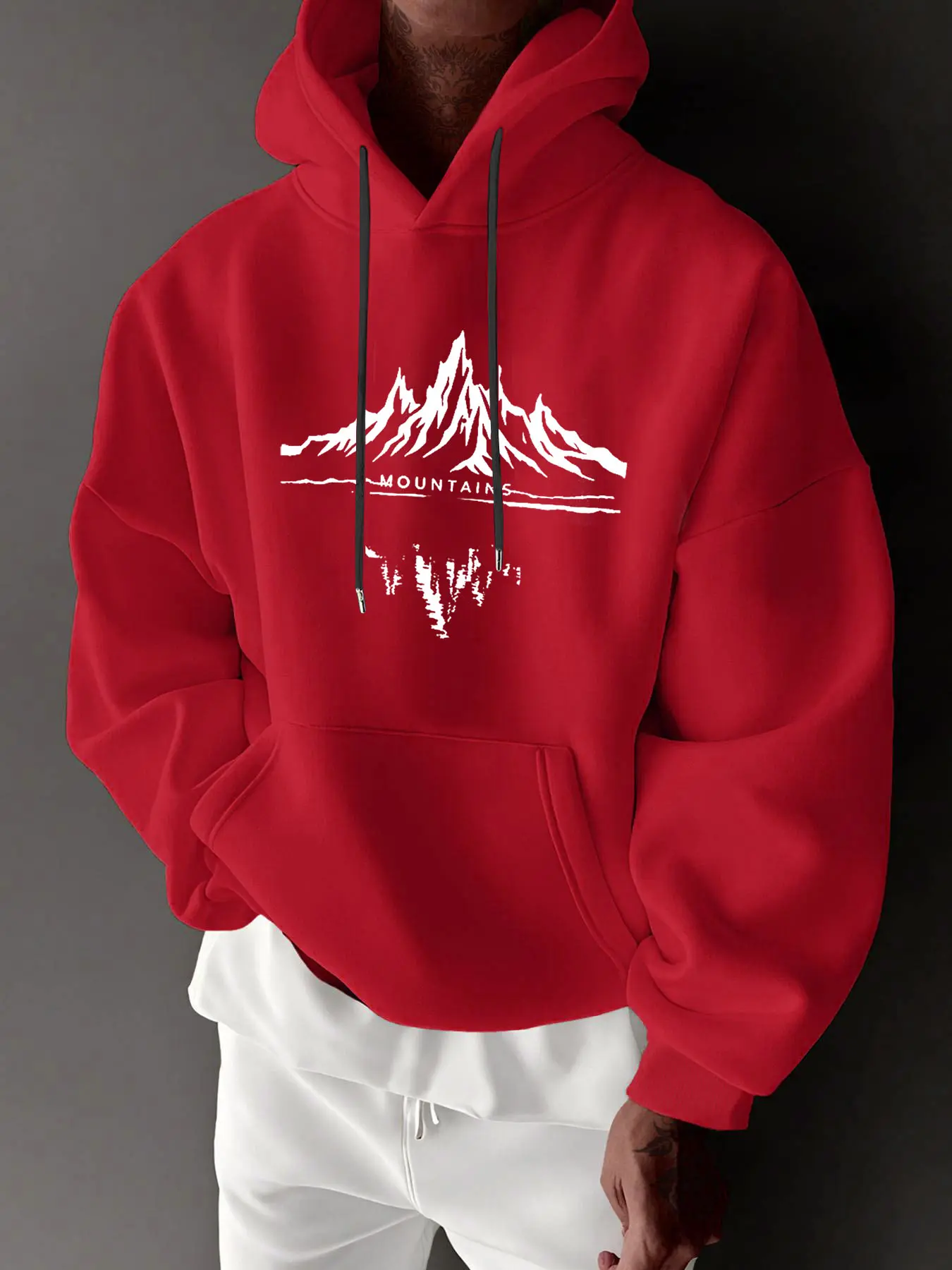 Men's Casual Loose Hooded Fitted Sweatshirt, Classic Versatile Design, Mountain Letter Print Fleece Pullover, Long Sleeve Fall & Winter Wear
