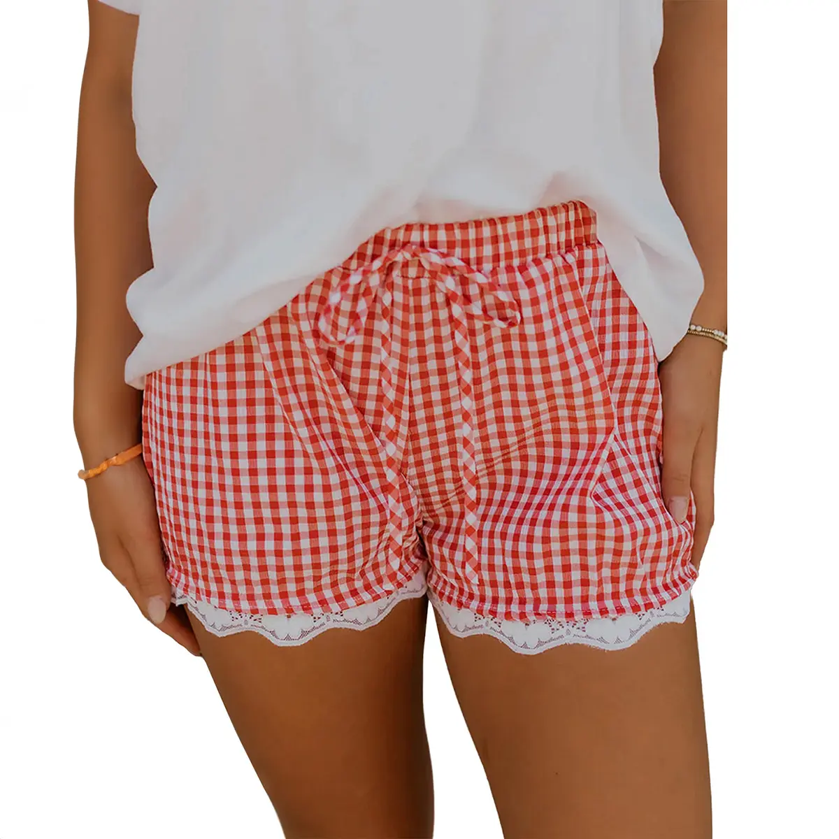 Mntaor Red Gingham Plaid Tie Elastic Waist Shorts with Lace Patchwork Hem - Casual Cute Summer Bottom for Women, Ideal for Beach, Picnics, Daily Wear - Womenswear
