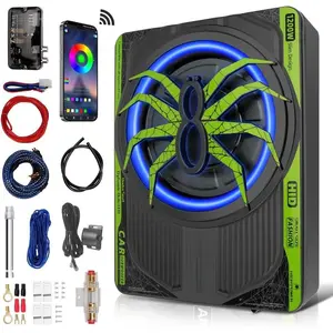 2025 1200W 10"Slim Car Underseat Bicycle stereoSubwooferFree shipping and Amp Package with Ambient Light, Individual Control for Low Pass/Gain/Boost Bass, High output surround vibration bass without distortion for Truck