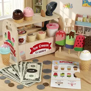 Wooden role-playing toy featuring a pretend children's play shop with an ice cream and popsicle counter, perfect as a birthday party gift