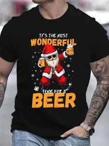 Men's Short Sleeve Casual Top, 3D Christmas Santa Beer Print, Slim-Fitting H-Type Design, All-Over Washed Pattern, Ideal for Outdoor Wear