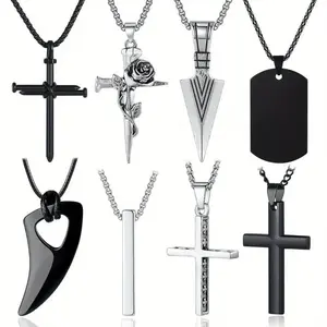 8 Pcs Men's Necklace Set Black & Silver Stainless Steel Chain Cross Pendant 16-24 Inches Inspirational Jewelry Adjustable Replaceable Size