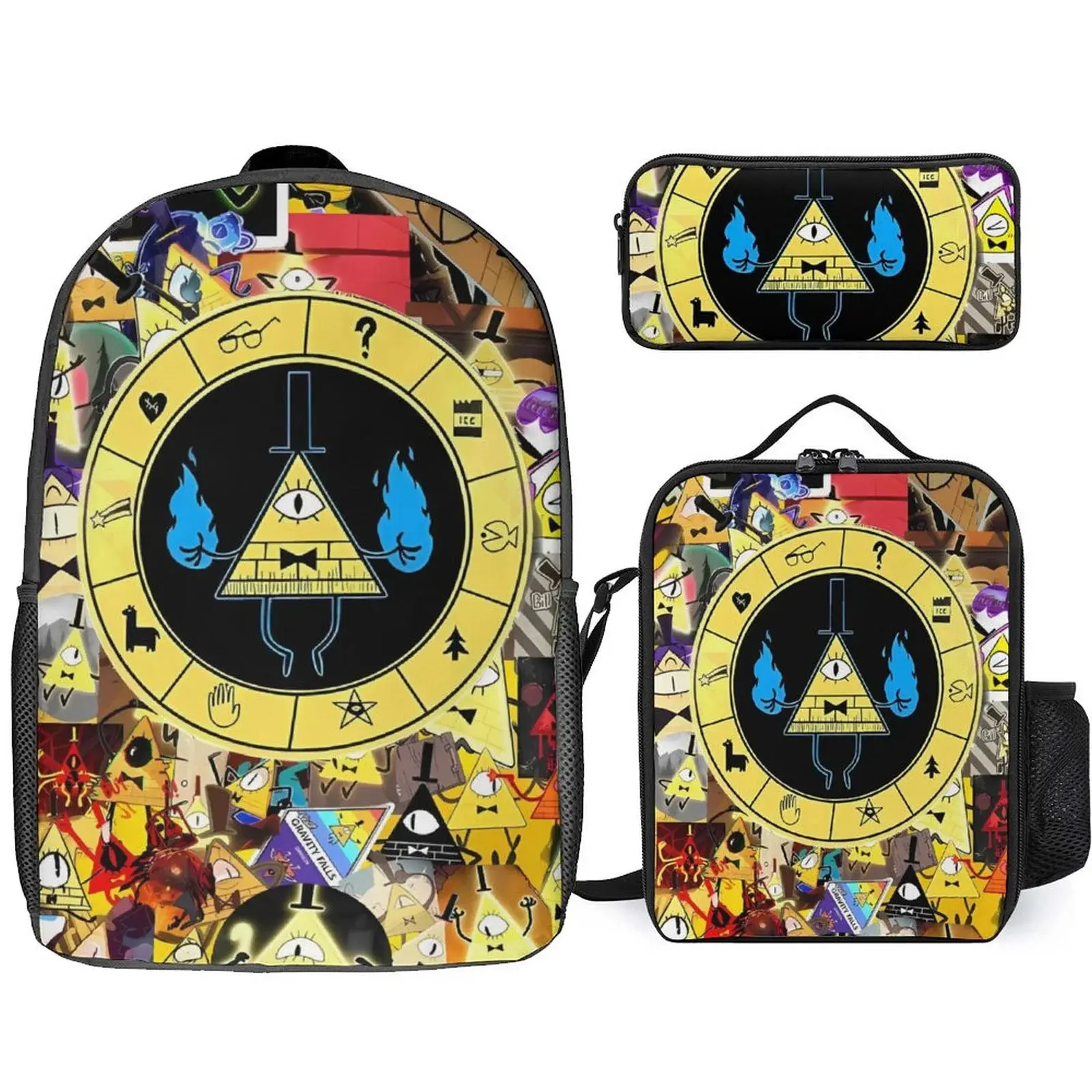 Gravity Falls Bill Cipher Graphic 3-Piece Polyester School Backpack Set - Chic, Basic, High-Capacity Zip Bookbag, Lunch Bag, Pencil/Cosmetic Bag (8.7in(L)x1.77in(W)x4.7in(H)) for Elementary Students, Friends, Going Out, Breathable Comfortable Casual