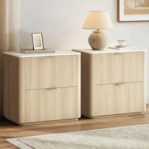ModernMate 2-Piece Nightstand Set, 23.6in Faux Travertine Texture Top Bedside Tables with 2 Drawers, Metal Handles, Space-Saving Indoor Furniture for Bedroom, Living Room End Tables