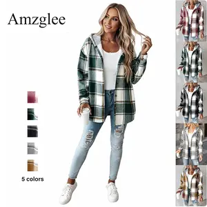 Amzglee Women‘s SpringTok Plaid Hooded Warm Shacket/Plaid Fleece Lined Hooded Shacket- Lightweight Fleece Lined Jacket, Button-Down Casual Coat for Fall & Spring All Season