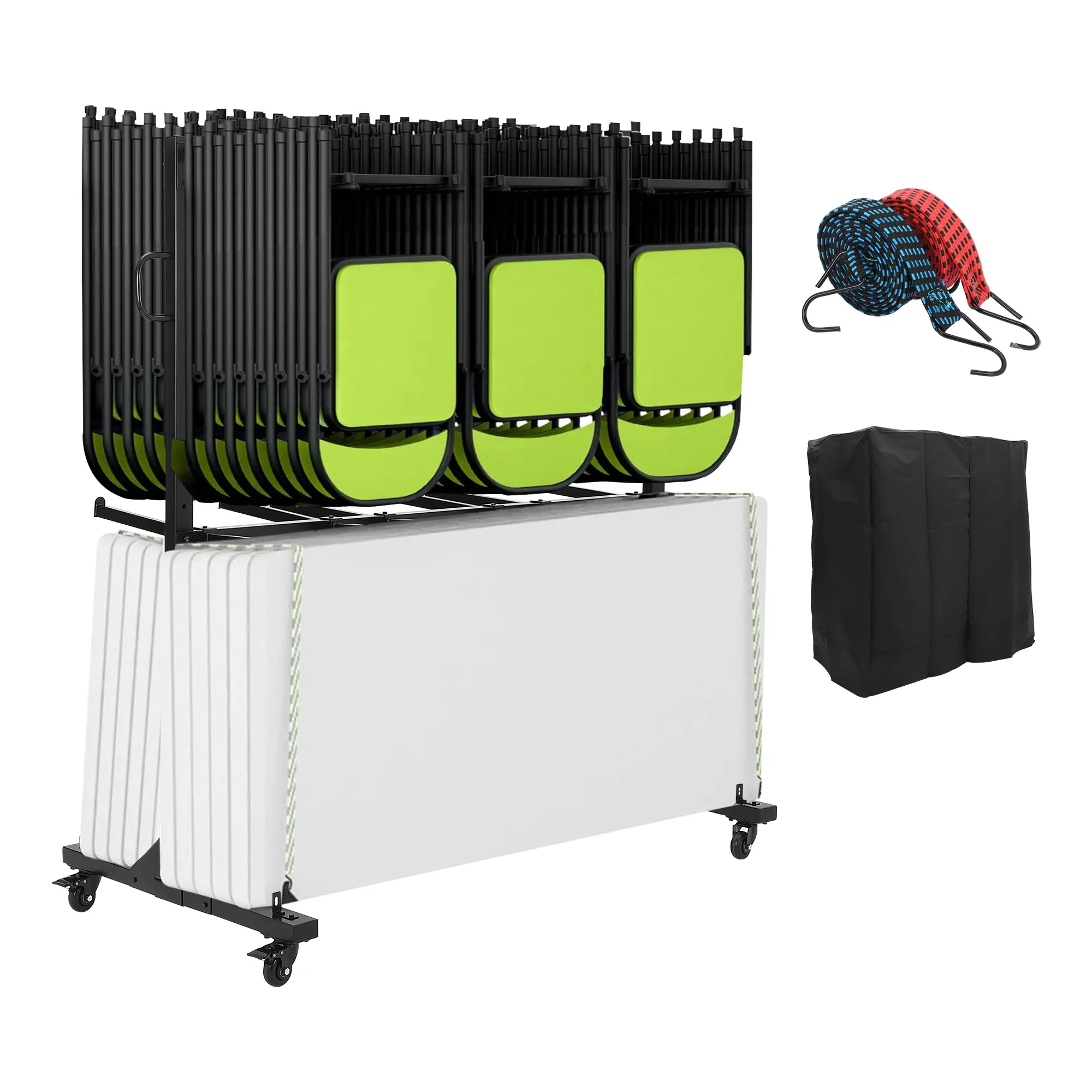 [Football Fan SeasonDeal] Heavy Duty Folding Chair Cart – Adjustable Steel Storage Dolly with Locking Wheels, Weatherproof Cover, Portable Material Handling Equipment for 42-84 Chairs or 12 Tables