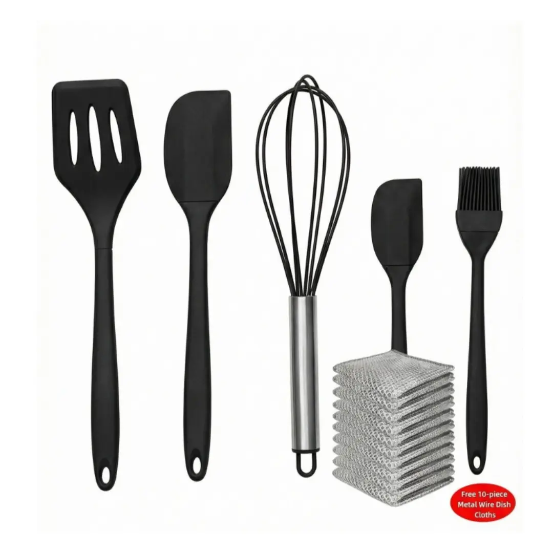 Food-Grade Silicone Kitchen Bakeware Combo Set (5pcs) - Spatula, Leak-Proof Shovel, Whisk, Brush, Heat-Resistant Stirring Utensils Fits 4-Hole Pans + Free 10-Piece Metal Wire Dish Cloths (Dish-Safe)