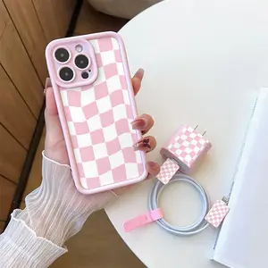 5 Piece Set & Plaid iPhone Case, Shockproof Design, Includes Charger Protector & Cable Organizer, Fits iPhone 11-16 Series