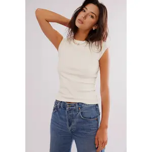 Chouyatou Women's Summer Casual Short-Sleeve Crew Neck Solid-Color Fitted Top