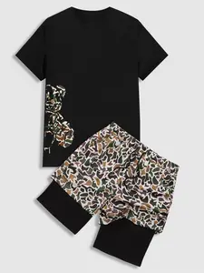 Men's Camo Letter Print Tee & Shorts Set, Regular Fit Casual Short Sleeve T-shirt & Track Shorts, Men's Summer Clothes, Casual Fashion Set