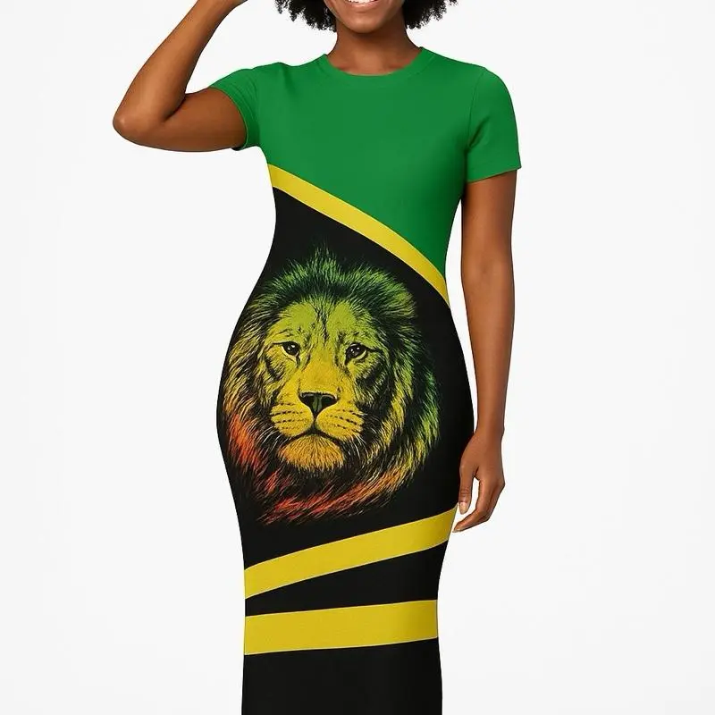 Rasta Lion Print Bodycon Dress - Green Black Yellow Stripes Women's Fashion