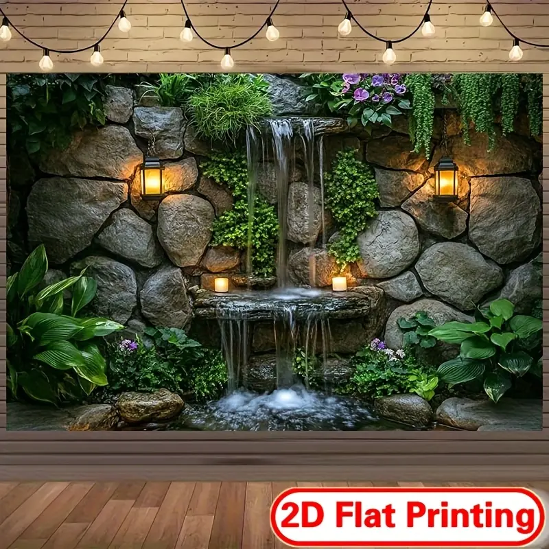 2D flat background, 1 piece polyester waterfall backdrop with lush green plants – perfect for garden-themed events and photography, multifunctional party backdrop banner, available in multiple sizes, no electricity required