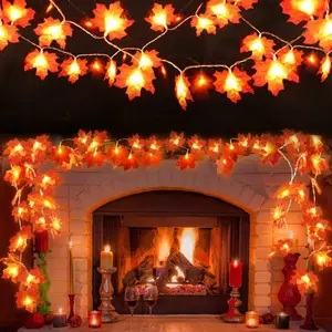 Thanksgiving Halloween Decoration for Indoor Outdoor 2 Pack Fall Decor Garland for Home, Total 20 Ft 40 LED Maple Leaves Fall