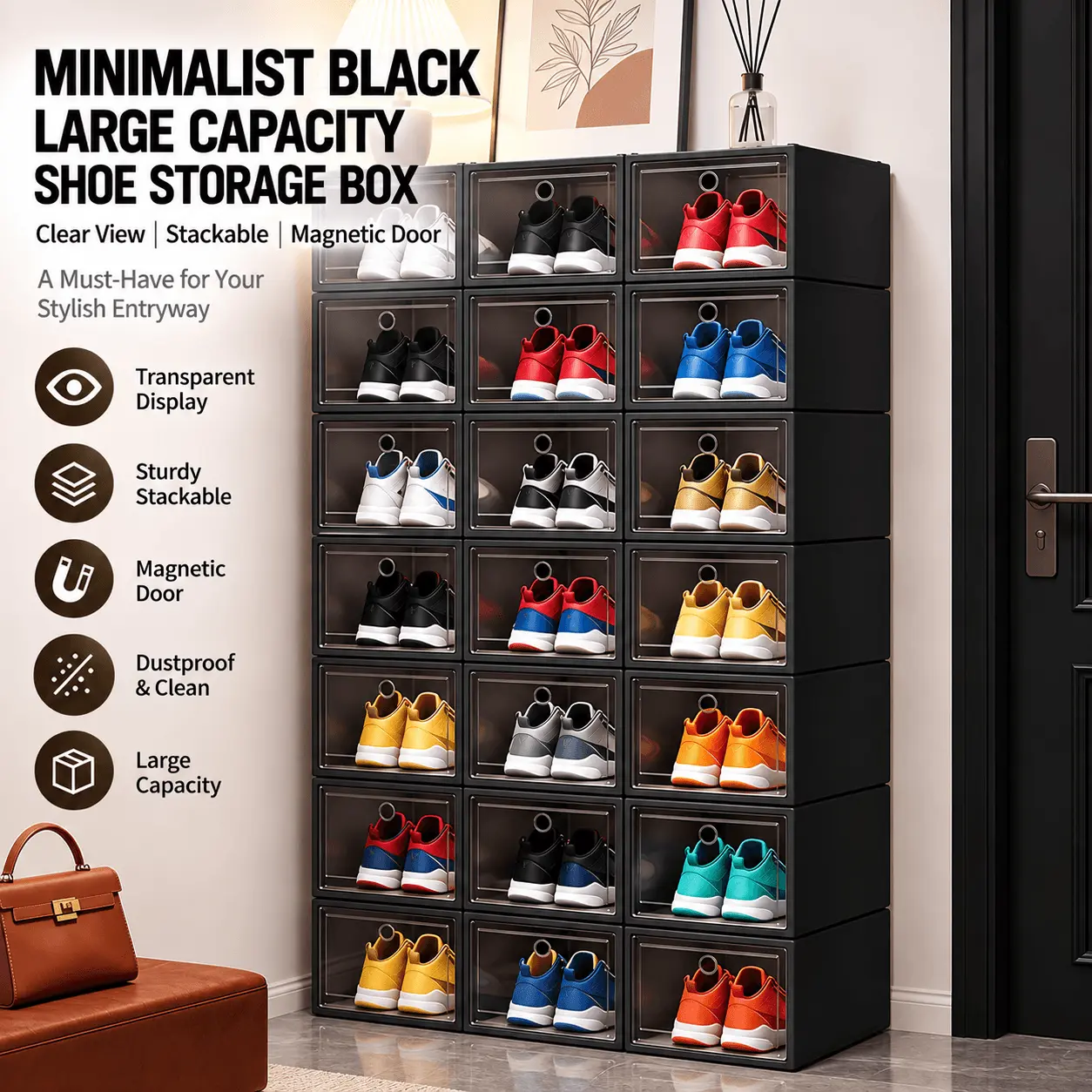 Rectangular Stackable Shoe Storage Boxes - Magnetic Door Organizers, Thick PP Dustproof Containers with Front-Side Op., Modular Bins for Home Organization