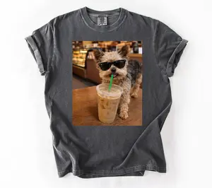 Comfort Colors Yorkshire Terrier Roo Dog Shirt Drinking Iced Coffee Real Dog Photo Tee Yorkie Puppy Sunglasses Shirt Coffee Lover Gift DTG