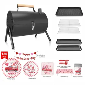 Dual Purpose Portable Barbecue Grill with Disposable Tableware Set,Charcoal Powered Construction,Detachable Components for Simple Cleanup,Space Saving Design to Store in Car Trunk,for Outdoor Picnic and Backyard Parties,Camping