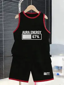 Summer Boys' Sports Set, Aura Energy Display Core Pattern, Drawstring Design, Casual Loose-Fitting Tank Top & Short Pants Two-Piece