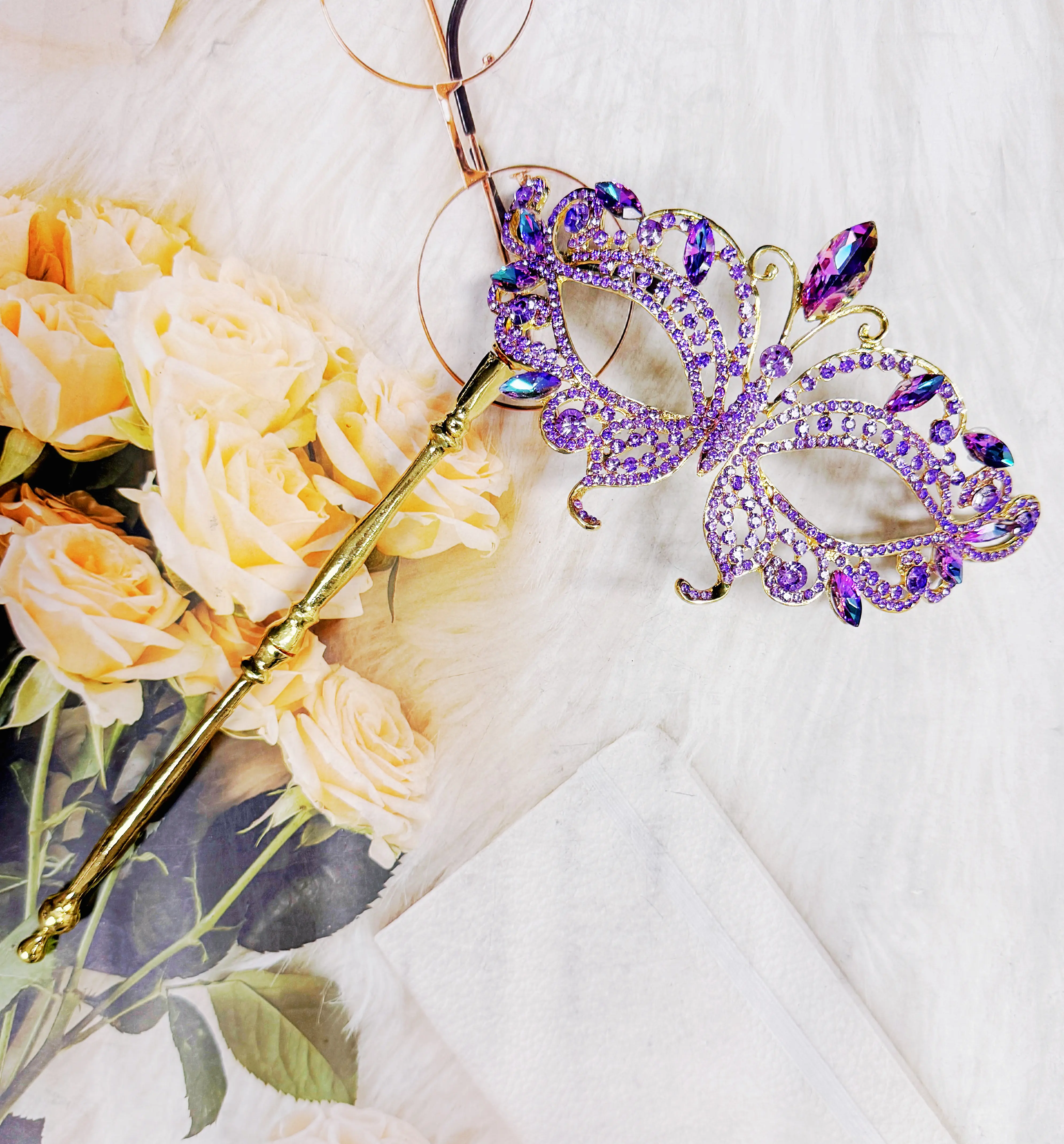 Adult Purple Handheld Stick Venetian Masquerade Dance Mask - Metal Frame, Sparkling Gems, Glam Look for Wedding, Halloween Ball | Festive Party Masks & Accessories