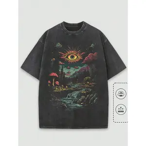 Summer T-Shirt, Washed T-Shirt, "Fantasy Forest And Sun Eye", Pattern Printed T-Shirt,DTG Process Unisex Loose-Fitting T-shirt, Washed Casual Top (100% Cotton, 280g), Smooth Fabric, Minimalist Style, Street Style, Classic T-shirt, Makes a Great Gift.
