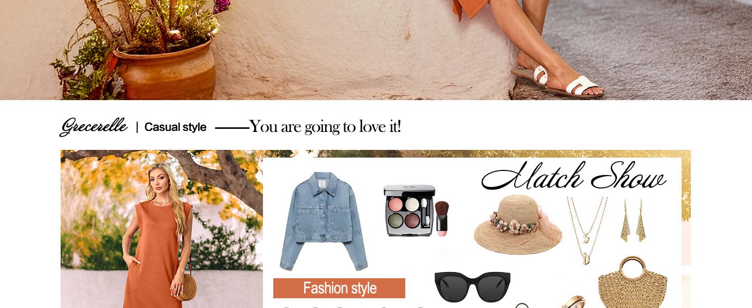 GRECERELLE Women Summer 2026 Round Neck Casual Loose Split Wrinkle-Free Beach Travel Vacation Midi Dress with Pockets