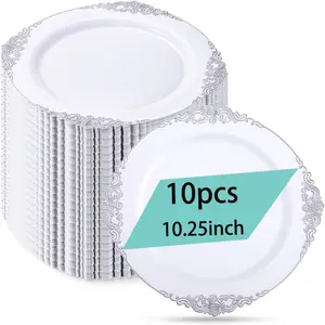 10-Piece Plastic Plates Set, Silver Color Vintage Design, Elegant Dinnerware for Parties Birthdays Christmas Home Gatherings