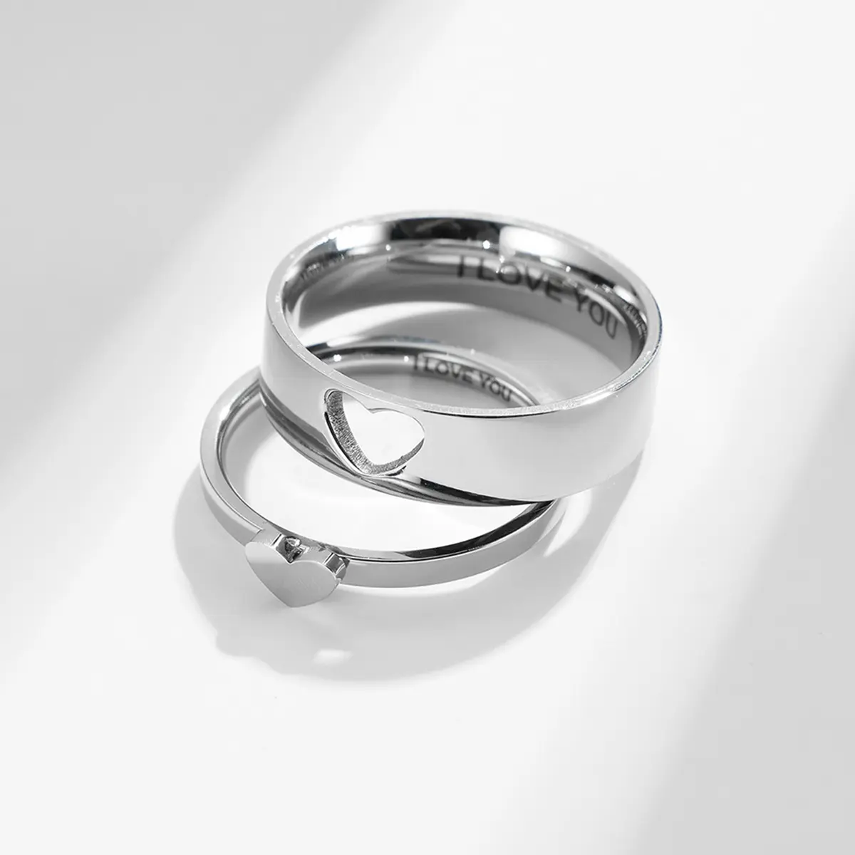 Stainless steel engraved heart-shaped rings for men and women, "I love you" couple's promise rings, couple's gifts, sizes 7-10